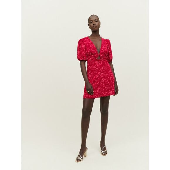 Reformation Cressida Puff Sleeve Mini Dress Red Polka Dot Cut Out Zip Sz 2 - Picture 1 of 10